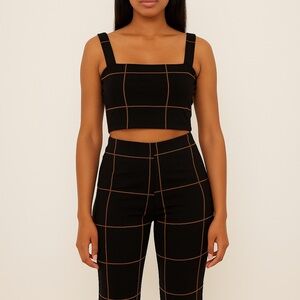 Leith Black & Tan Windowpane Plaid Two-Piece Set | Crop Top + Flare Pants Size S